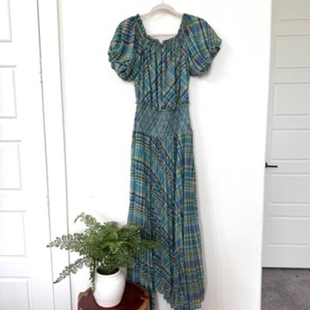 RAMY‎ BROOK Harla Dress Blue Multicolor Pleated Boho Puff Sleeve Fairycore NWT S